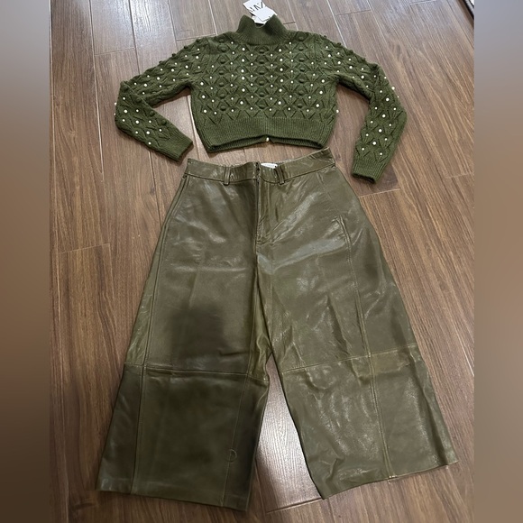 Zara real 100% leather pants and peal openback sweater